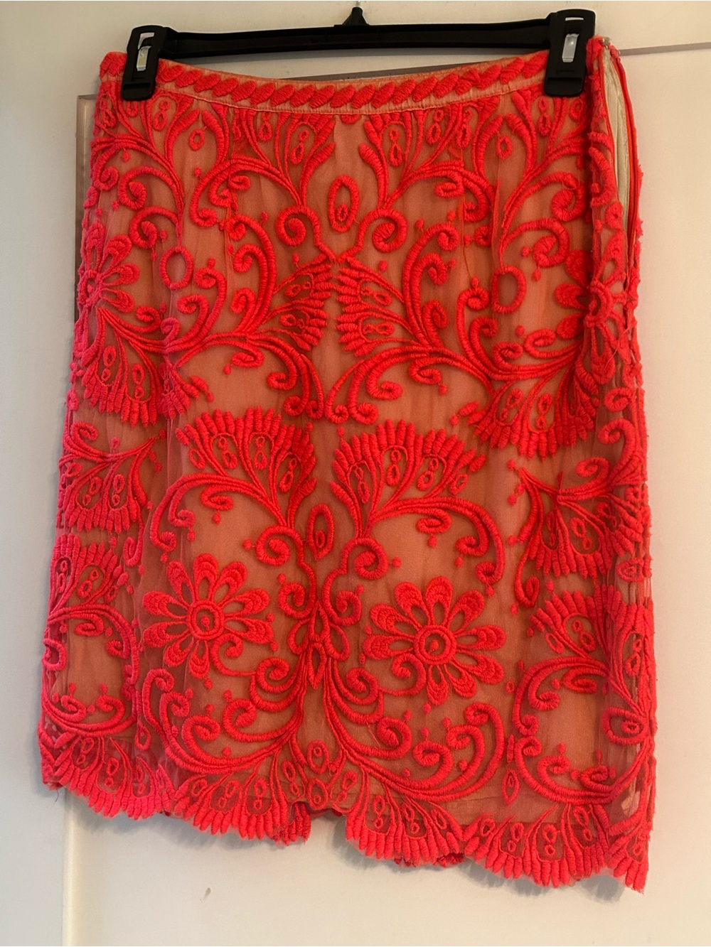 Vintage Anthropologie Embroidered Sheer Floral Pencil Skirt - Bright Coral